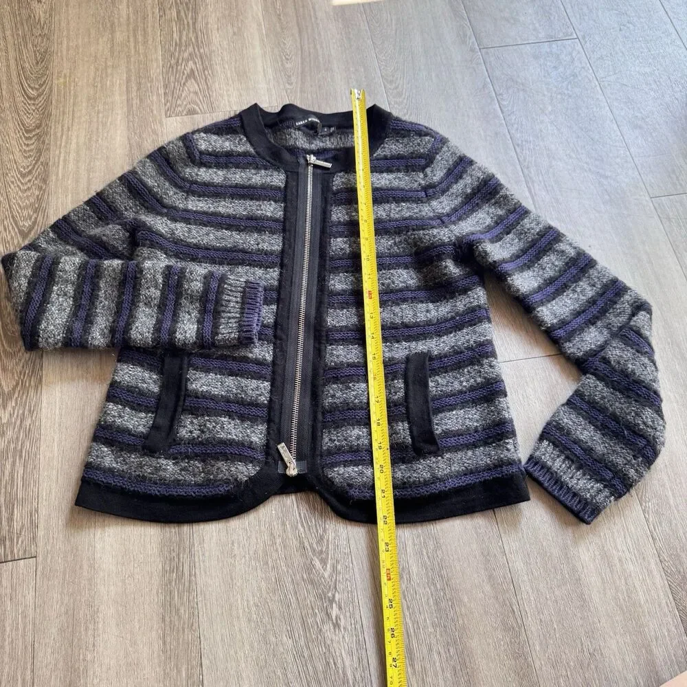 Karen Millen Cardigan Sz 4 Gray Black Blue Striped Cotton Mohair Blend Zip Pocke